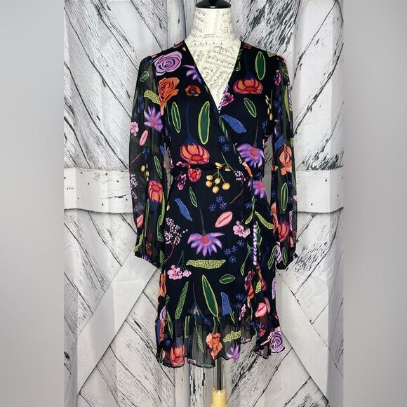 Baum Und Pferdgarten Dress Wrap-Effect Floral Print Georgette Mini Size 34 - Picture 4 of 13